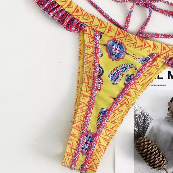 Yellow Bohemian Paisley Colorful Abstract Triangle Two Piece Bikini Swimsuit - Picture 3 of 5